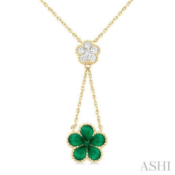 4x3 MM Pear Cut & 1.8 MM Round Emerald and 1/5 Ctw Round Cut Diamond Floral Blossom Precious Necklace in 14K Yellow Gold